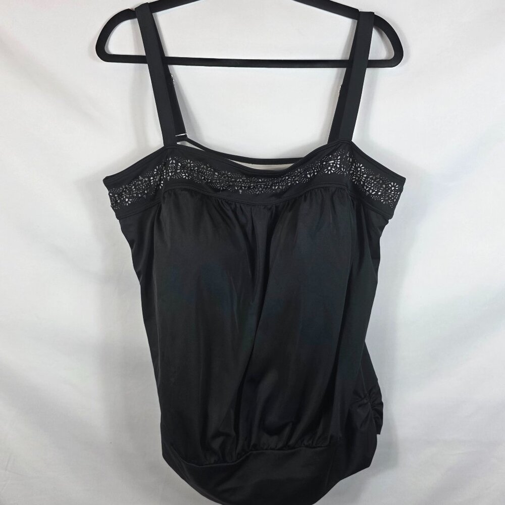 Swimsuits for All Black Tankini Top Women's Size 20 Banded Hem Laser Cut Accents